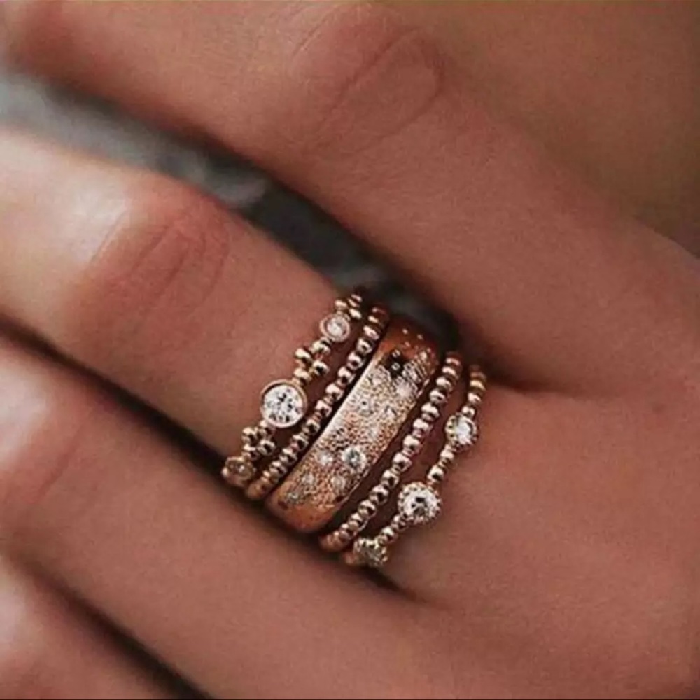 5 PCs/Set Fashion Simple Rings Artificial Rhinestone Rose Gold Rings Cre…